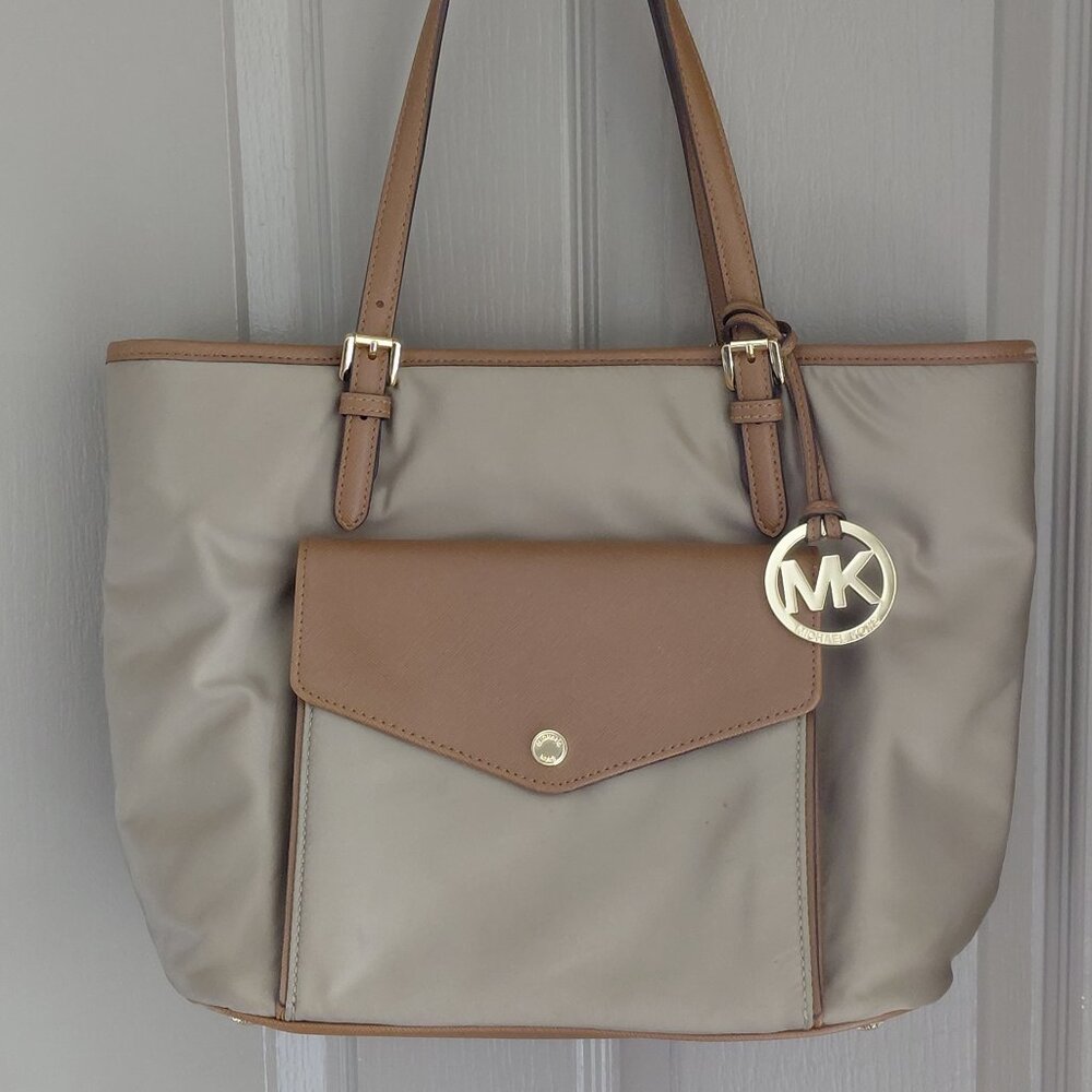 Michael Kors Nylon Tote in Sage/Beige Color with Leather Trim